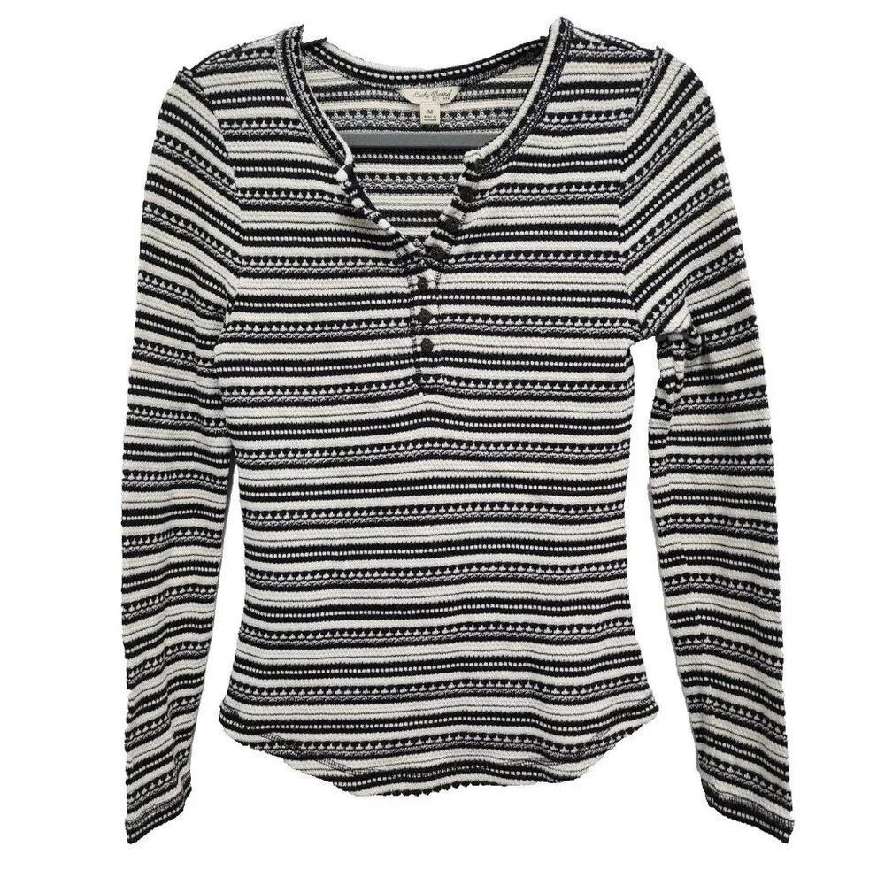 Lucky Brand Henley Top Womens Medium Black White Striped Long Sleeve Boho Casual